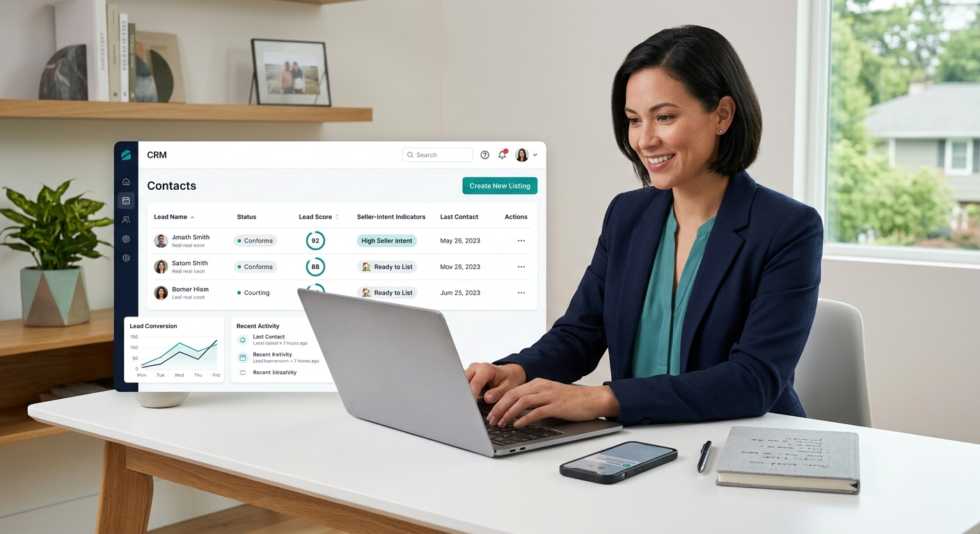 A real estate agent at a desk in a modern home office, laptop open showing a CRM dashboard with AI-generated lead scores and seller-intent indicators overlaid on contact records, with a phone and note