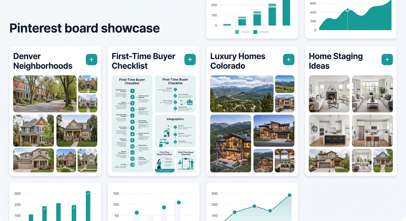 Screenshot-style illustration of a Pinterest board for a real estate agent showing organized boards labeled "Denver Neighborhoods," "First-Time Buyer Checklist," "Luxury Homes Colorado," and "Home Sta