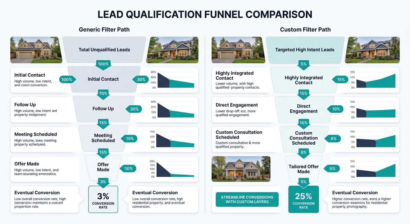 An infographic showing the lead qualification funnel, comparing a generic filter path (high volume, low intent, low conversion) versus a custom filter path (lower volume, high intent, higher conversio