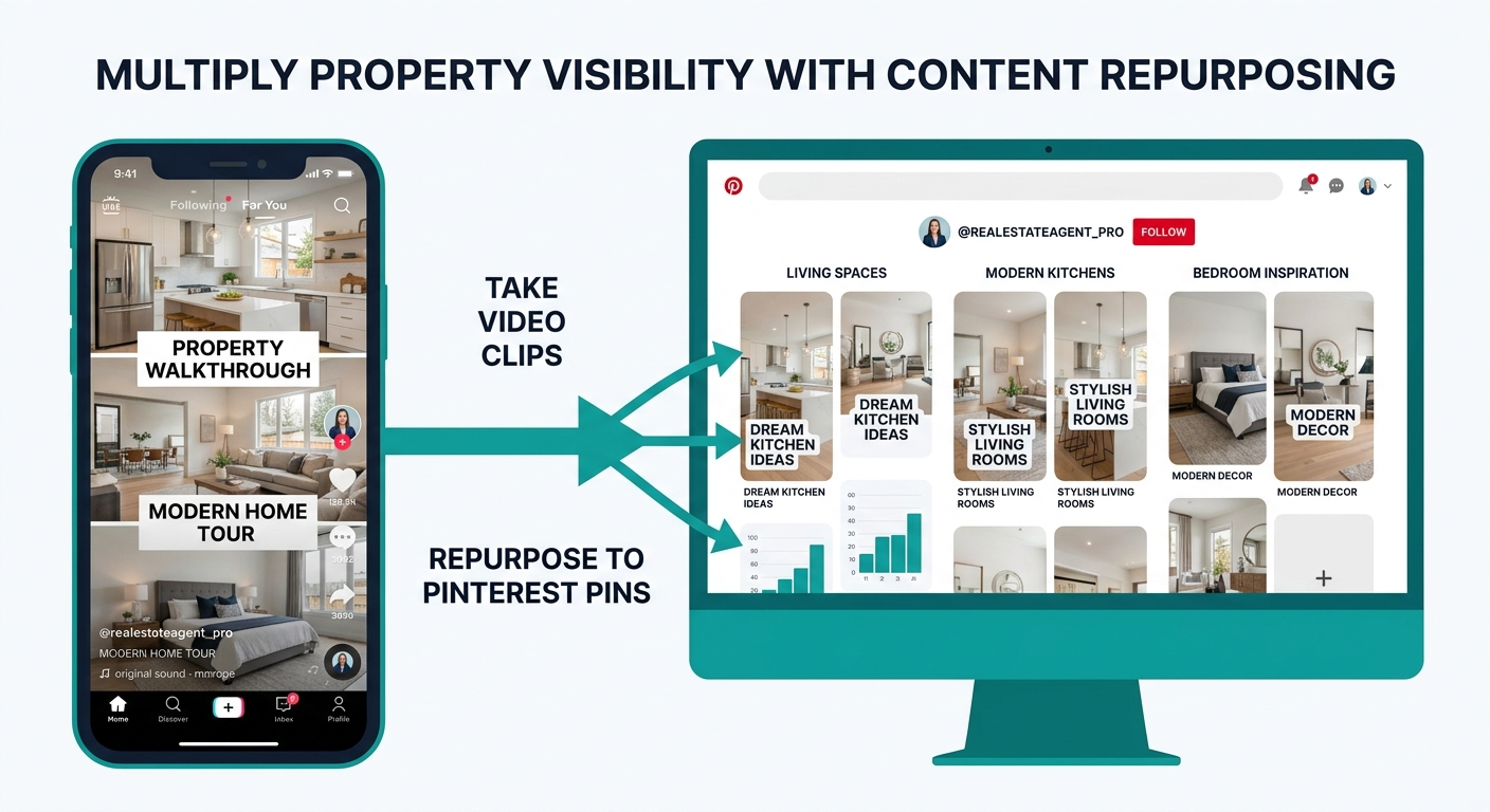 Side-by-side comparison showing a smartphone displaying a TikTok property walkthrough video on the left, and a desktop screen showing Pinterest pins created from still frames of that same video on the