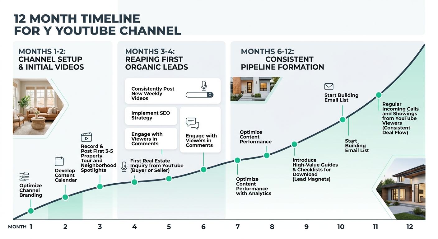 Timeline chart showing YouTube channel growth phases for a real estate agent over 12 months, with labeled milestones at months 1-2 for setup and first videos, months 3-4 for first organic leads, and m