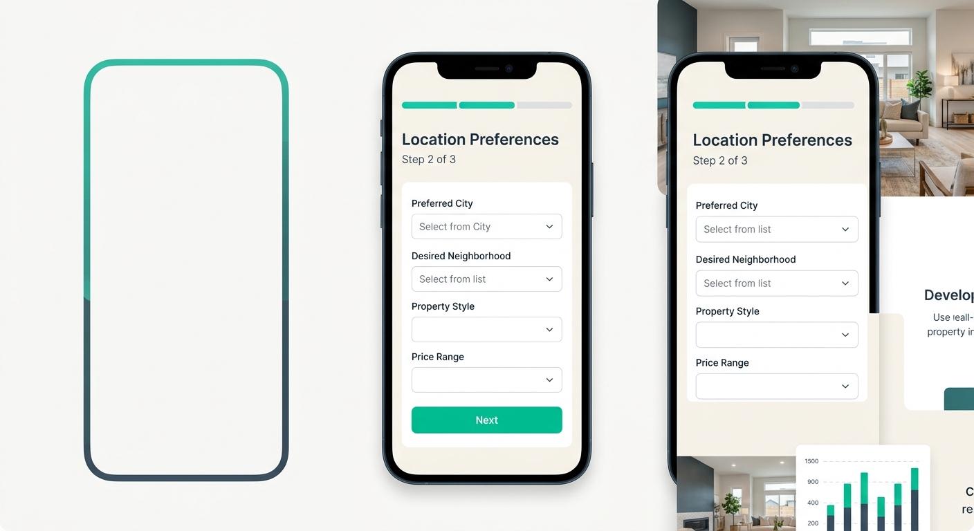 A smartphone screen showing a clean multi-step real estate inquiry form with a progress bar at top, currently displaying step 2 of 3 with location preference dropdown fields and a green Next button