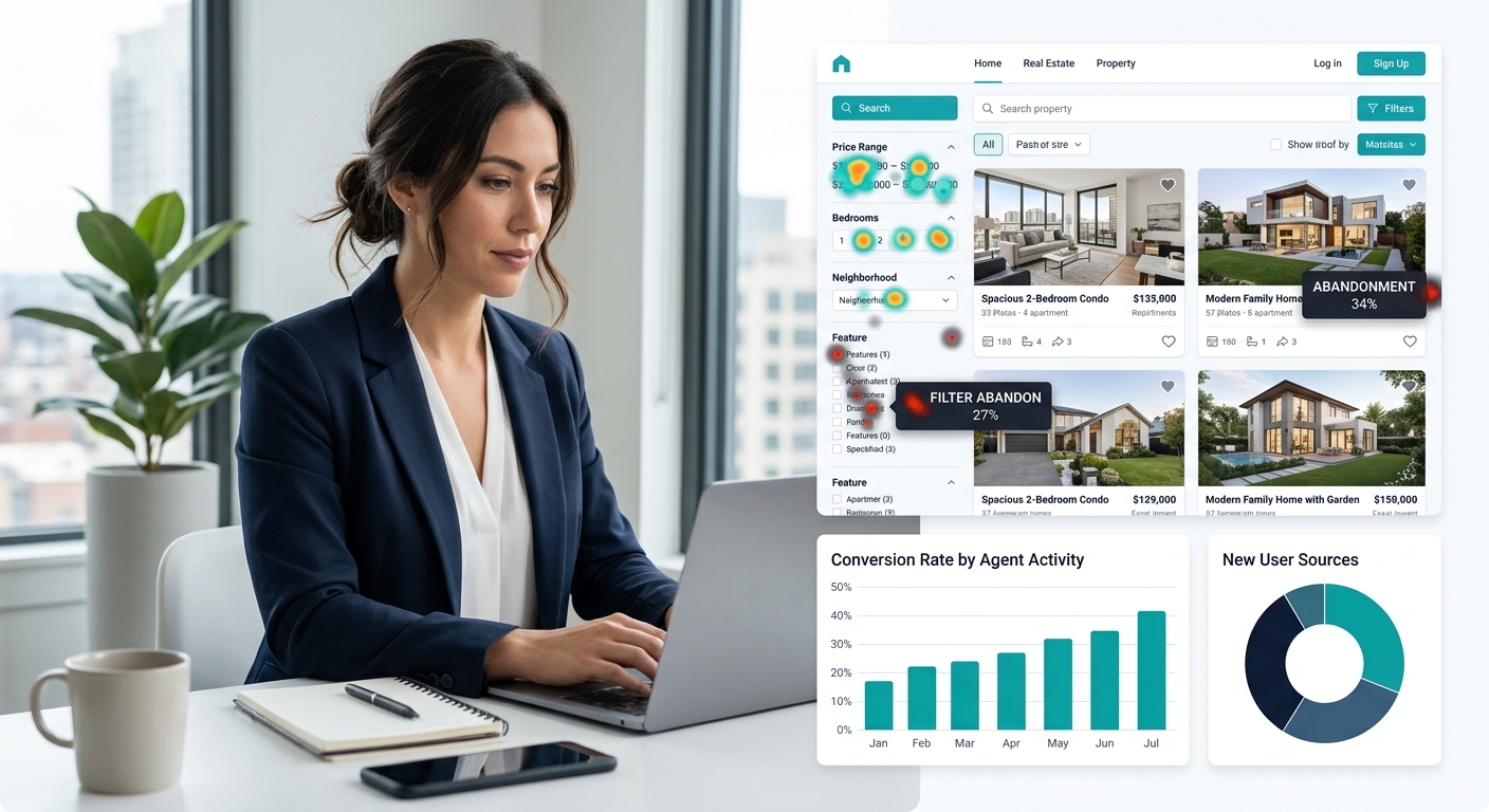 A real estate agent reviewing website analytics on a laptop screen, with a heatmap overlay showing where users click and abandon property search filter panels on a property listing page