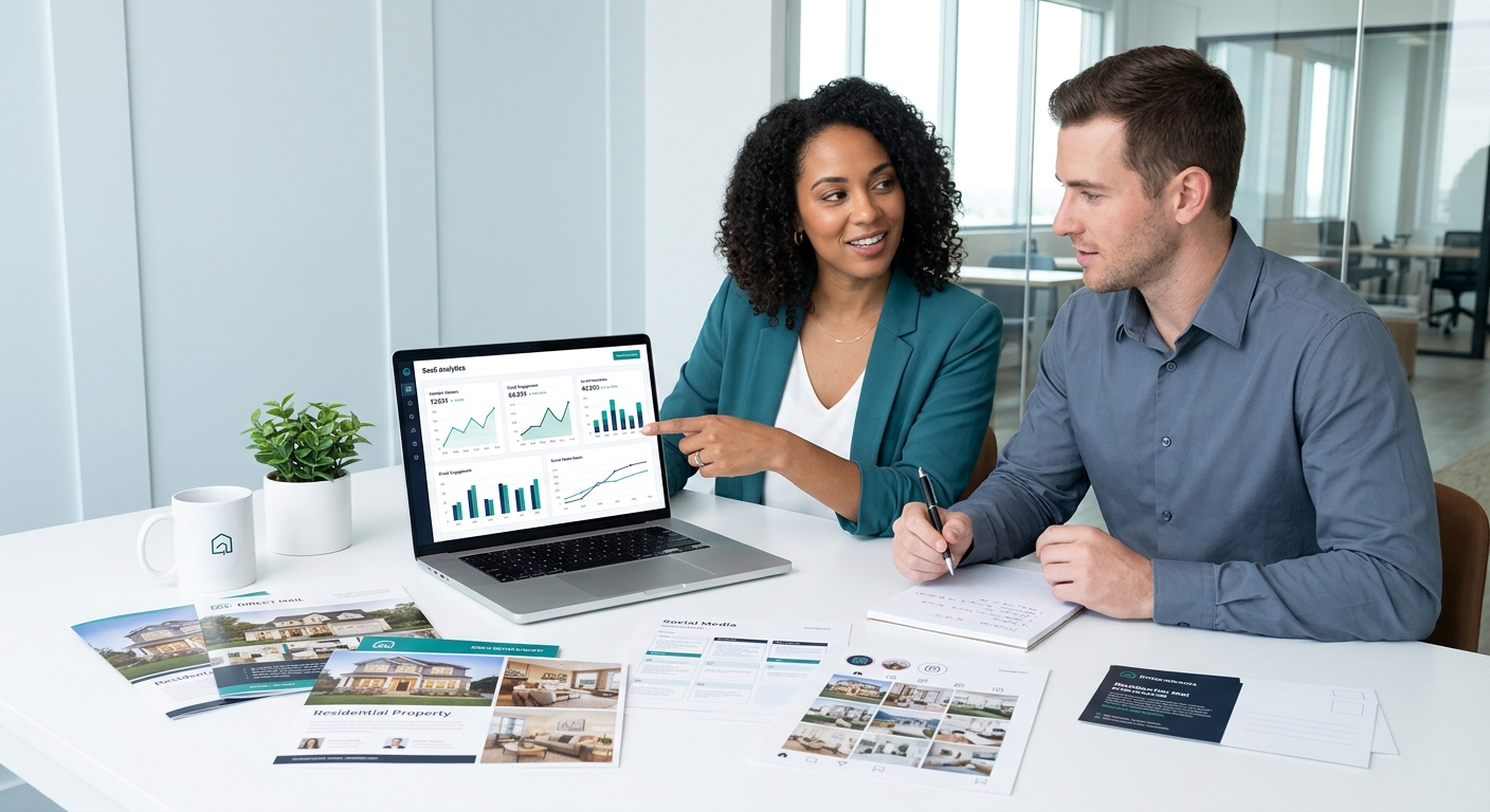 A real estate agent and marketing coordinator reviewing analytics dashboards together on a laptop at a desk, with printed direct mail pieces and social media content visible on the desk around them