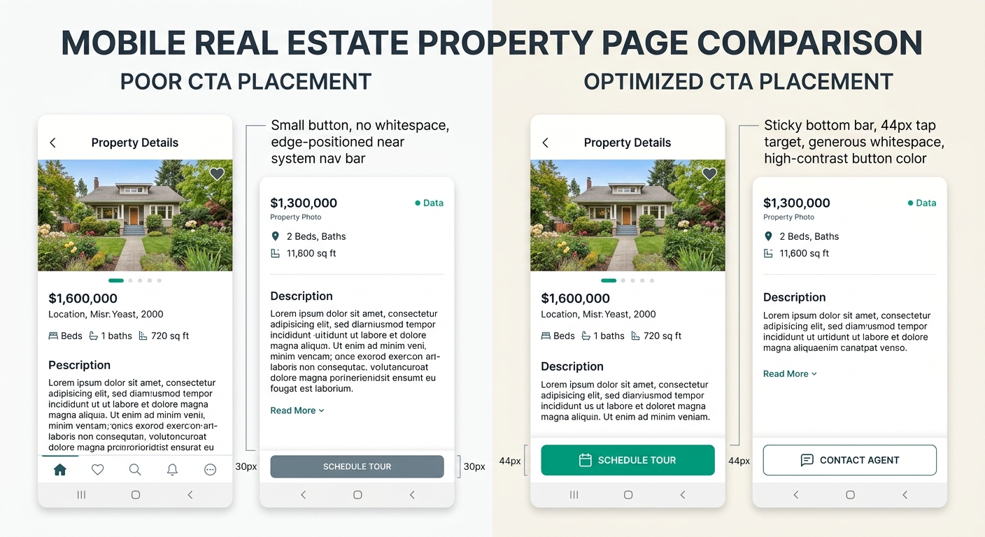 Side-by-side comparison of a mobile real estate property page with poor CTA placement (small button, no whitespace, edge-positioned near system nav bar) versus optimized placement (sticky bottom bar, 