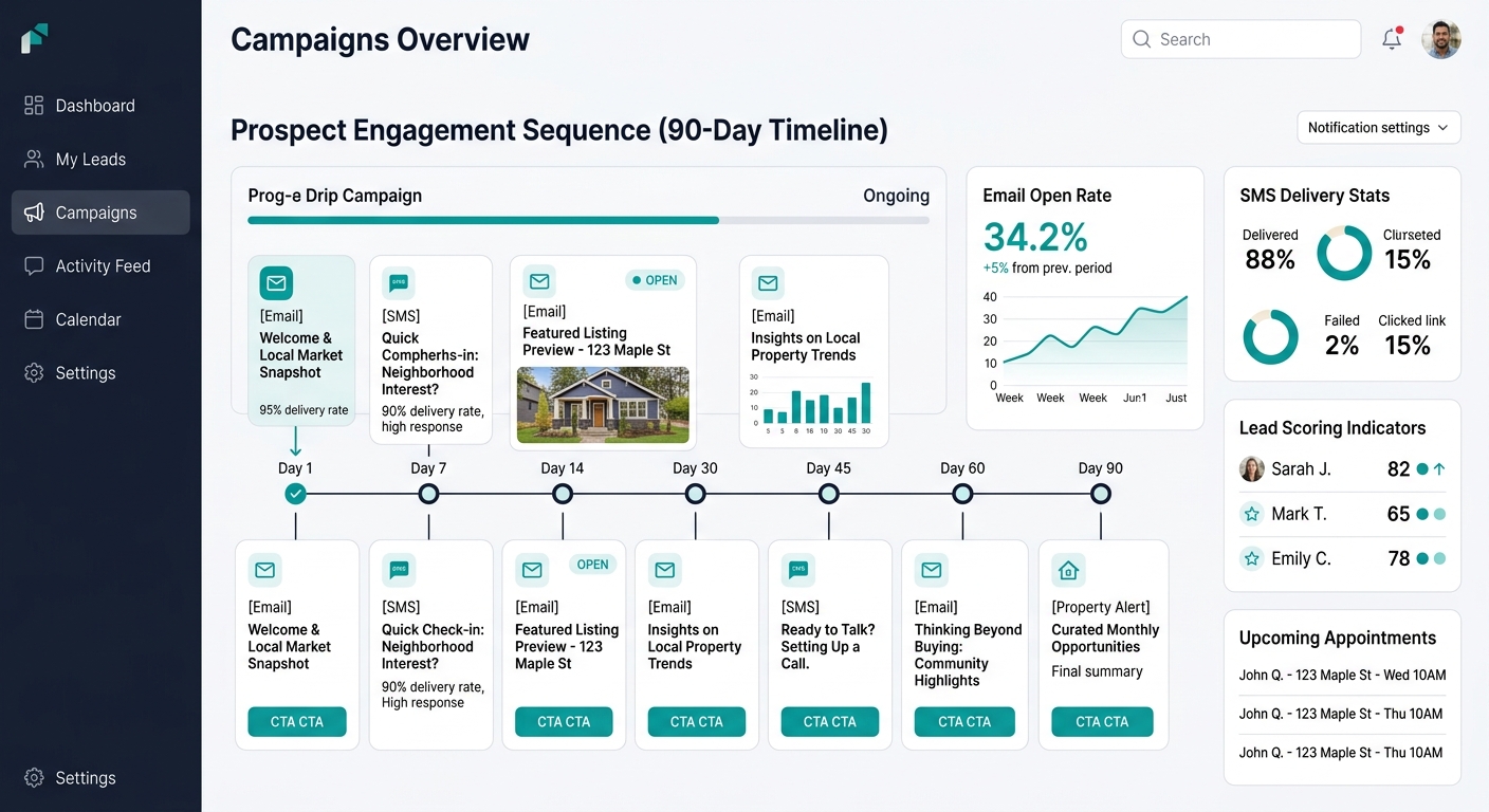 a real estate agent's CRM dashboard showing an automated drip campaign sequence with email open rates, SMS delivery stats, and lead scoring indicators across a 90-day timeline