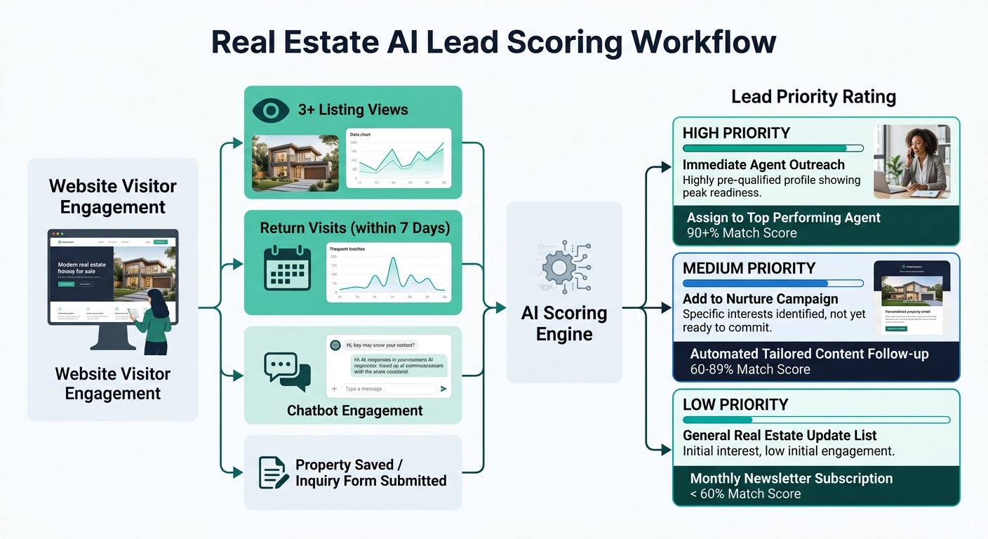 Diagram showing a real estate AI lead scoring workflow — a website visitor triggering behavioral signals like listing views, return visits, and chatbot engagement, each feeding into a scoring engine t