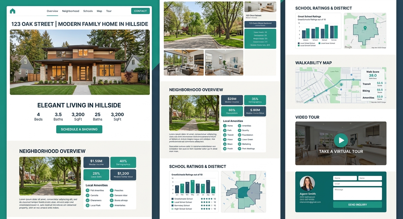 A mockup of a dedicated single-property webpage showing rich content sections including neighborhood overview, school ratings, walkability map, embedded video tour, and prominent call-to-action button