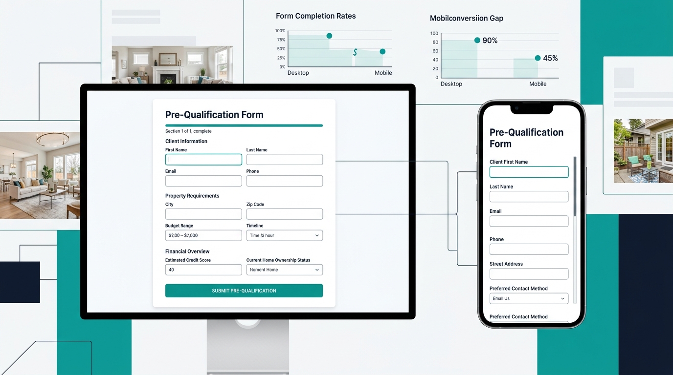 Desktop and mobile side-by-side comparison showing the same long real estate qualifying form — the desktop version fitting neatly on screen while the mobile version requires extensive scrolling past m