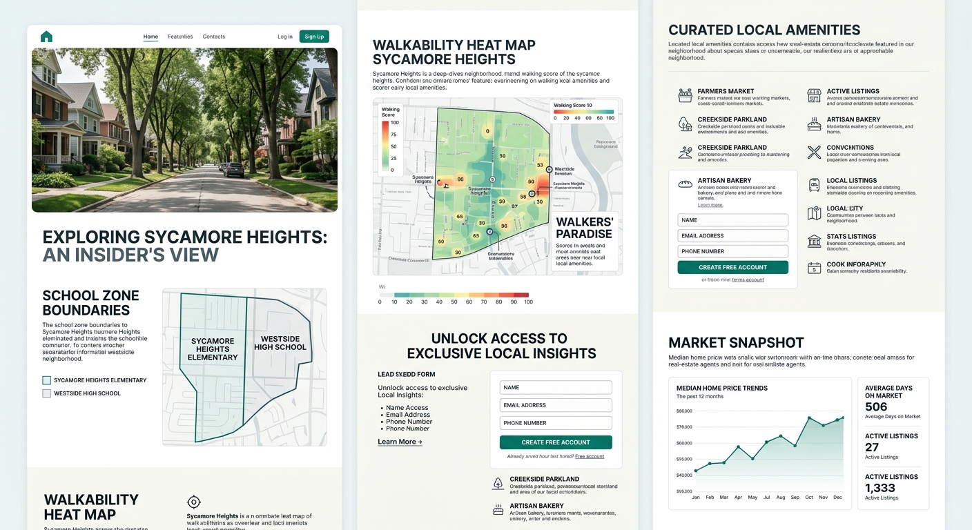 A detailed mockup of an editorial neighborhood deep-dive page showing sections for school zone boundaries, a walkability heat map, curated local amenities list, a market snapshot with median price cha