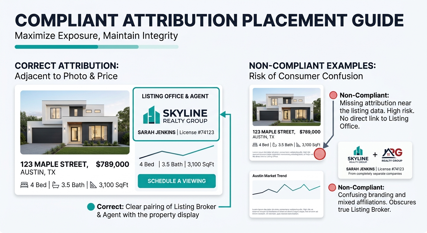 A real estate listing card mockup showing correct attribution placement—broker name and listing office directly adjacent to the property photo and price, with annotations pointing out compliant vs non