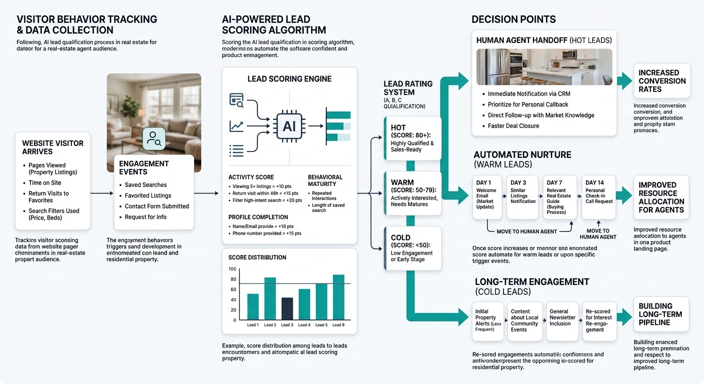 a flowchart showing how AI lead qualification works in real estate, from website visitor behavior tracking through scoring algorithm to automated nurture or human agent handoff decision points
