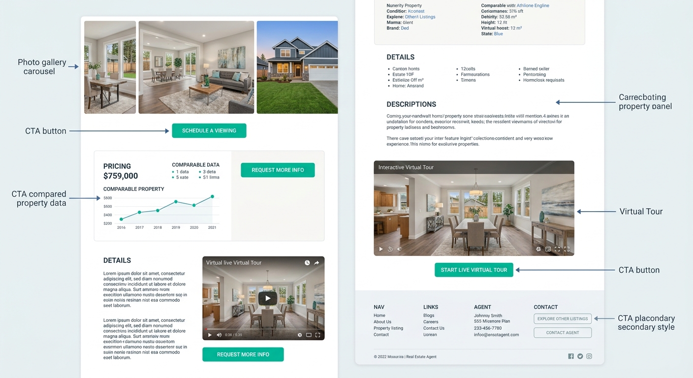 Annotated mockup of a real estate property listing page showing CTA button placement at four key positions: after a photo gallery carousel, beside price and comparable data, after a virtual tour embed