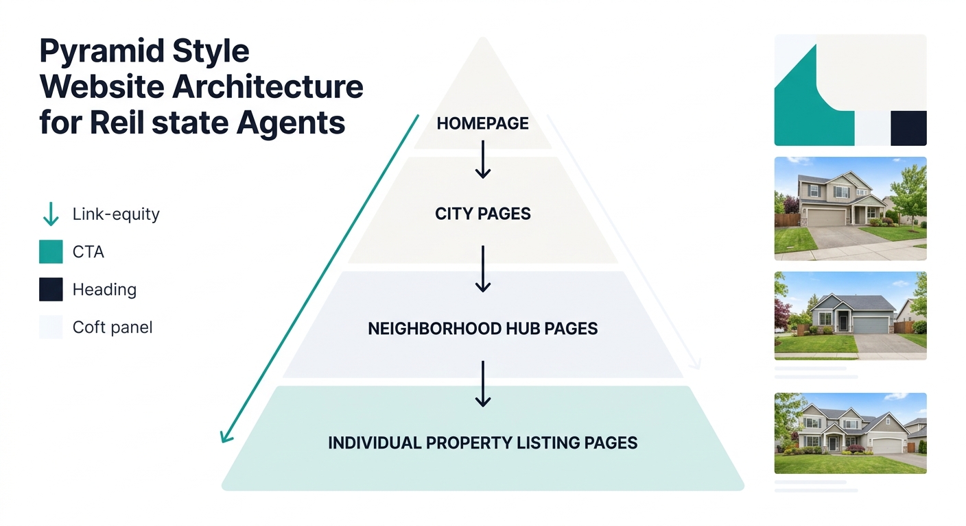 An infographic showing a pyramid-style website architecture with homepage at top, city pages in the middle tier, neighborhood hub pages below that, and individual property listing pages at the base, w