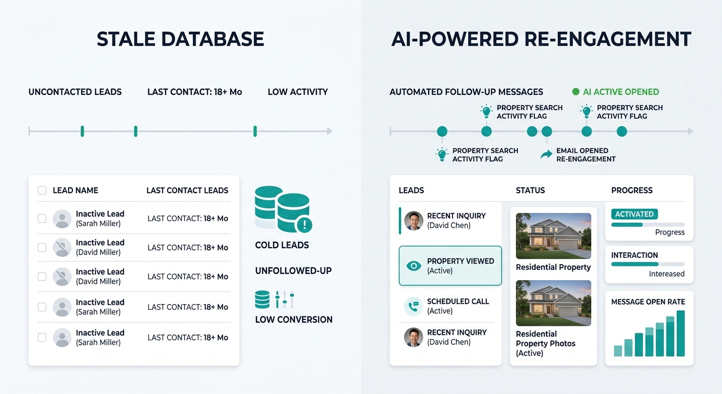 A before-and-after comparison showing a stale CRM database with uncontacted leads on the left, and the same database with AI-flagged re-engagement signals, automated follow-up messages, and reactivate