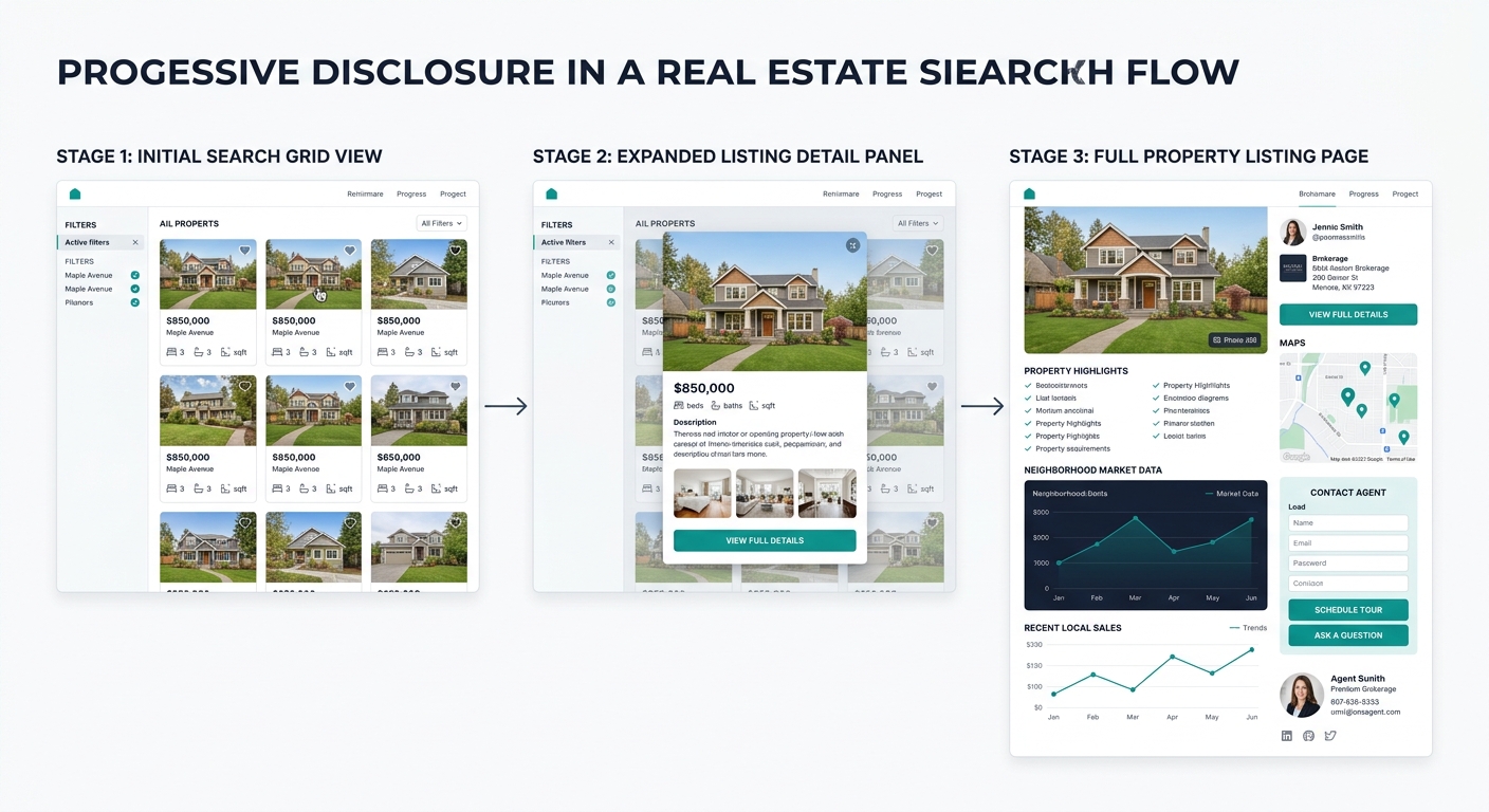 A wireframe-style diagram showing progressive disclosure in a real estate search flow, with three stages: initial grid view showing minimal listing cards, an expanded detail panel with key property in