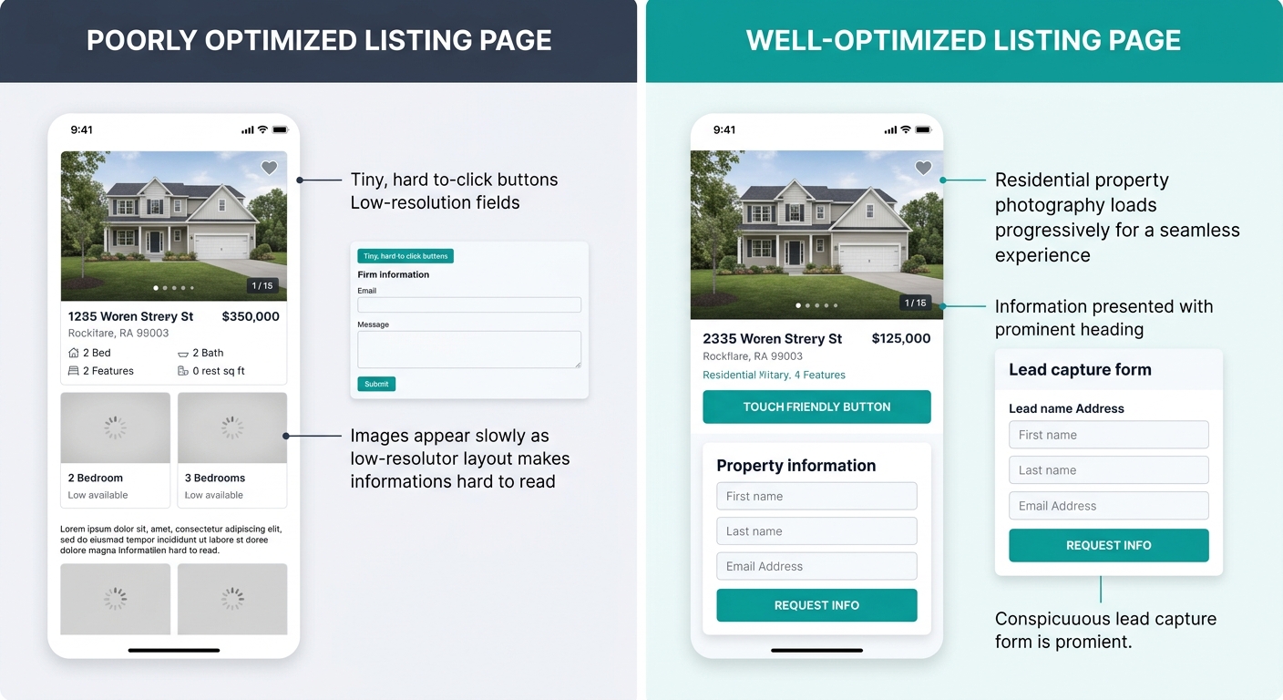 Side-by-side comparison of a real estate listing page on mobile showing a poorly optimized version with tiny tap targets and slow-loading images versus a well-optimized version with large touch-friend