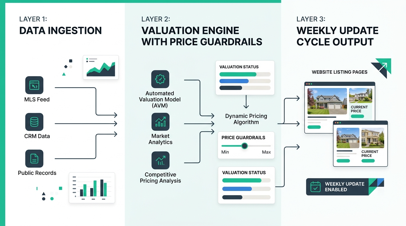 infographic showing three connected layers of a real estate dynamic pricing system - data ingestion from MLS, CRM, and public records flowing into a valuation engine with price guardrails, then output