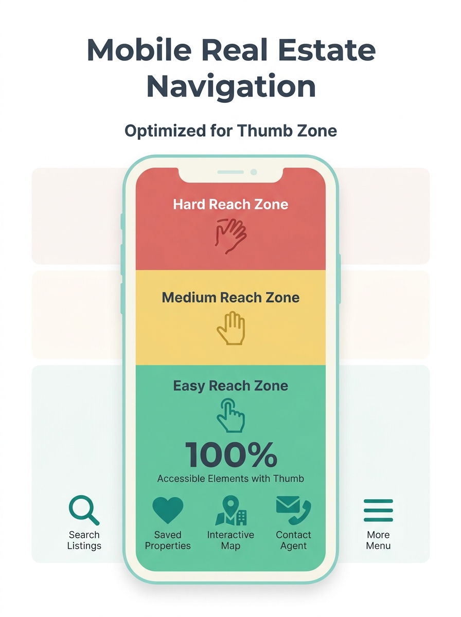 Infographic showing a smartphone screen divided into three horizontal zones — green "easy reach" at the bottom, yellow "medium reach" in the middle, and red "hard reach" at the top — with real estate