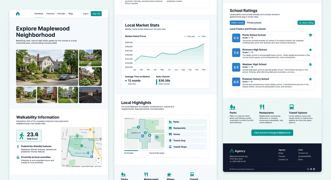 A real estate website screenshot mockup showing a well-structured neighborhood page with local market stats, walkability information, school ratings, and a neighborhood photo gallery