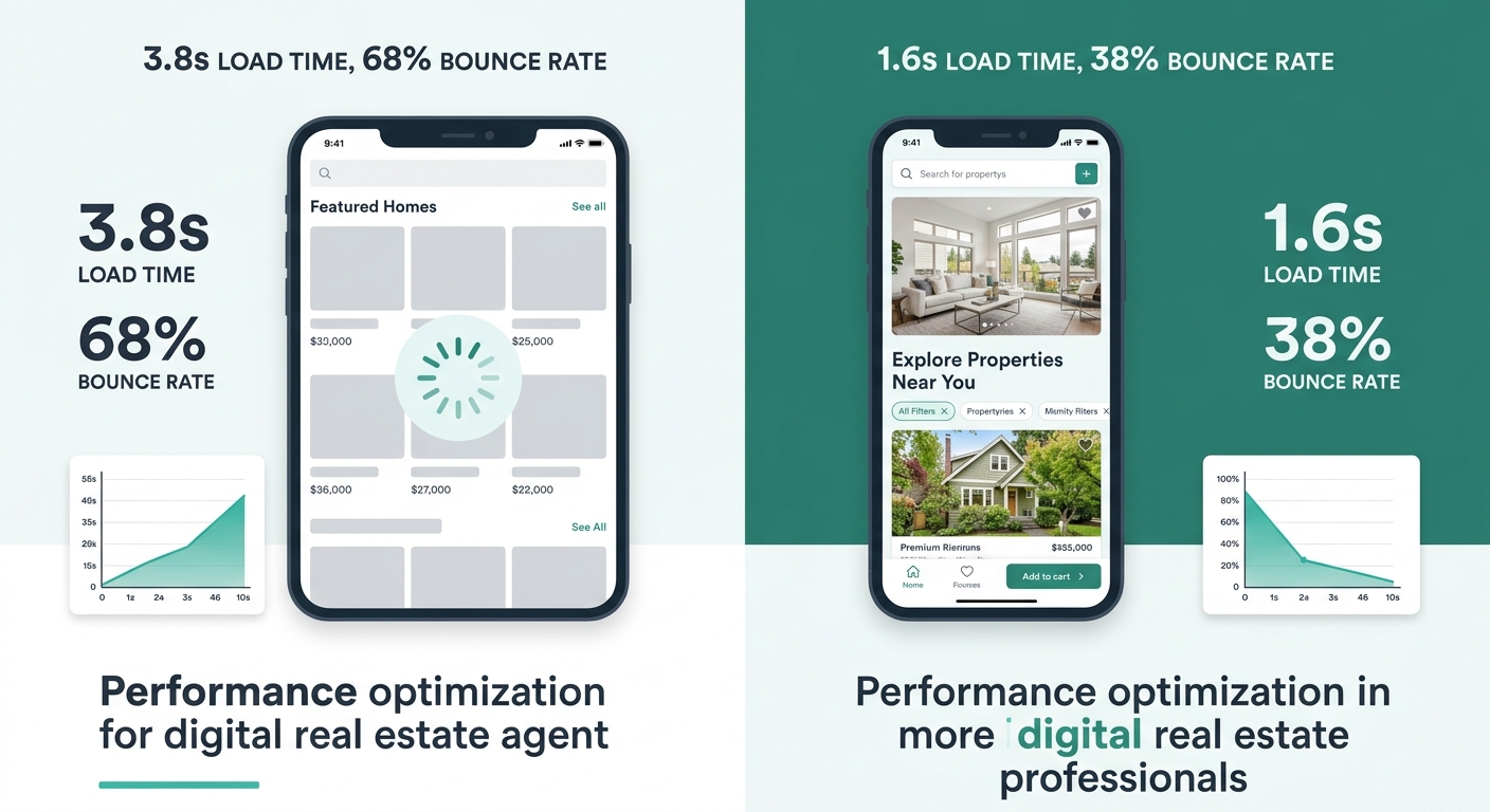 A side-by-side comparison of two mobile phone screens — the left showing a slow-loading real estate page with placeholder boxes and a loading spinner, labeled "3.8s load time, 68% bounce rate" — the r