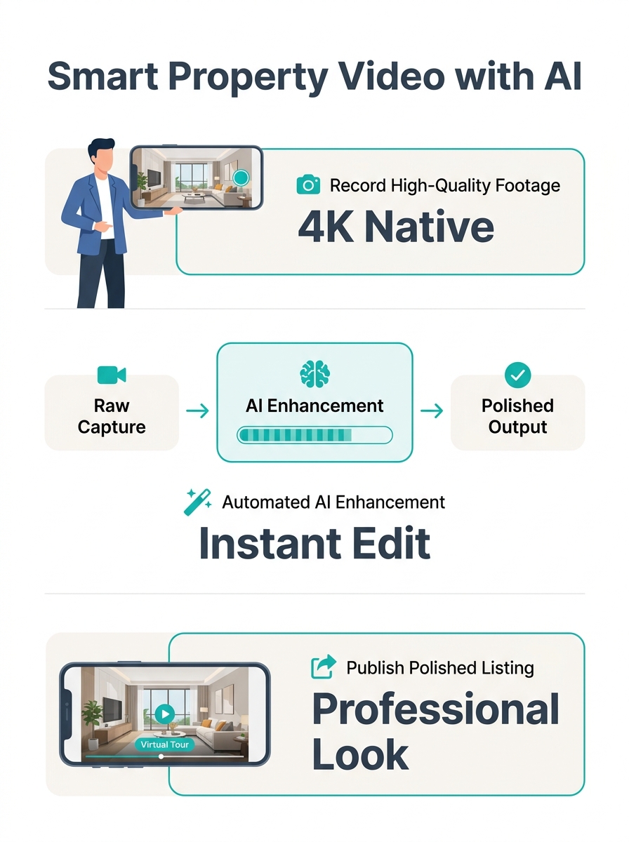 Real estate agent recording property video on smartphone with AI editing interface