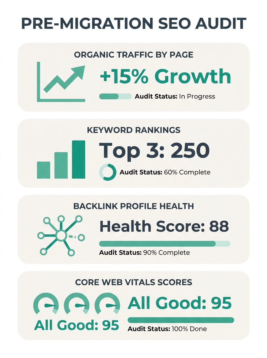 Infographic showing a pre-migration SEO audit checklist with five columns for organic traffic by page, keyword rankings, backlink profile, Core Web Vitals scores, and indexation count, each with sampl