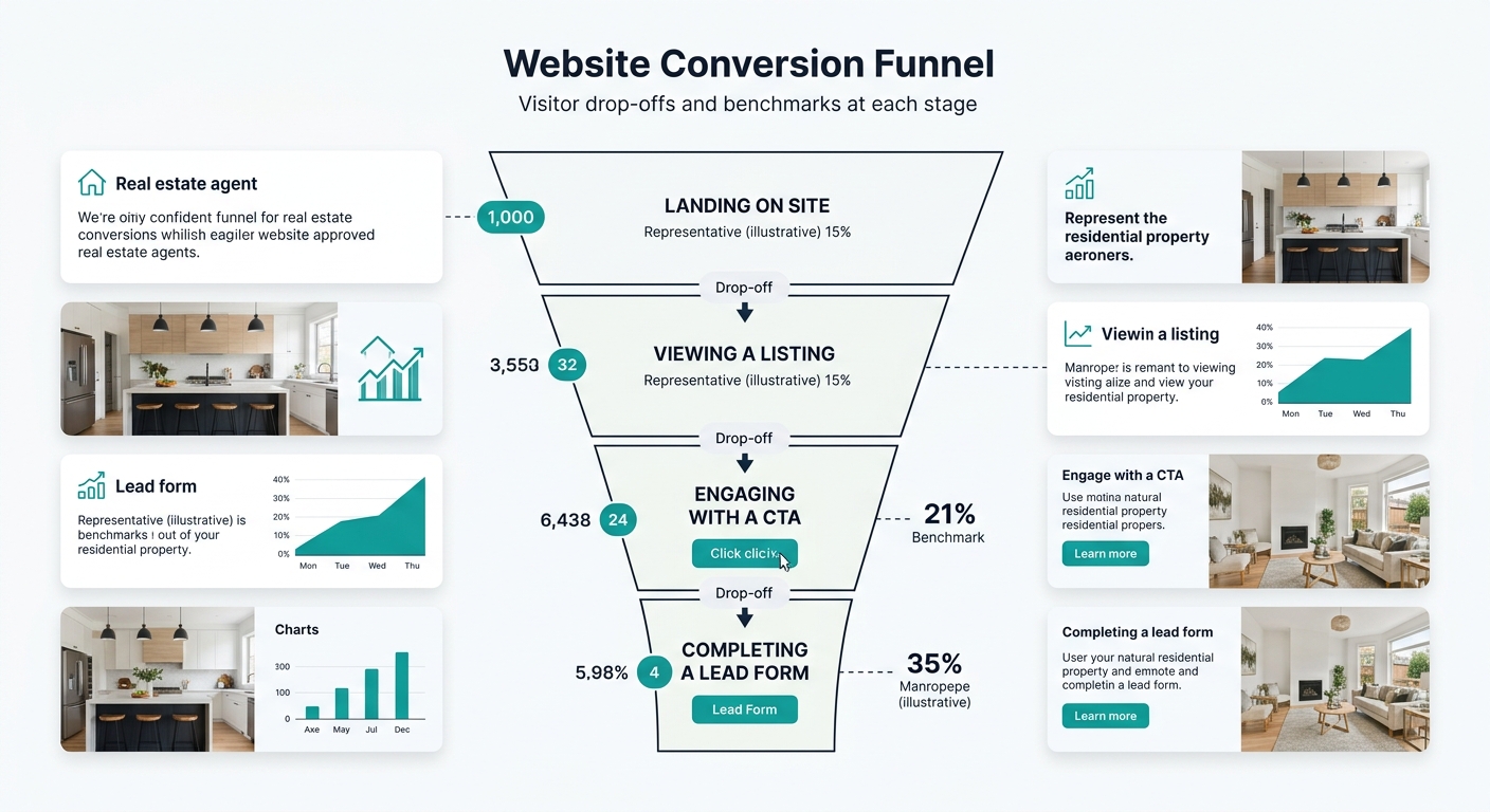 A funnel diagram showing how website visitors drop off at each stage of a real estate site — landing on the site, viewing a listing, engaging with a CTA, and completing a lead form — with percentage b