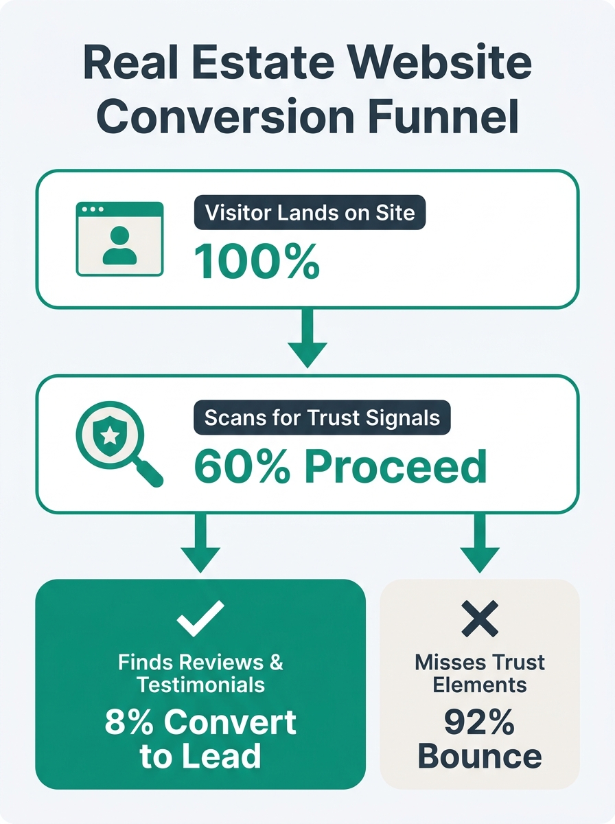Infographic showing a conversion funnel for a real estate website, with data points at each stage — visitor lands on site, scans for trust signals, finds or doesn't find reviews/testimonials, and eith