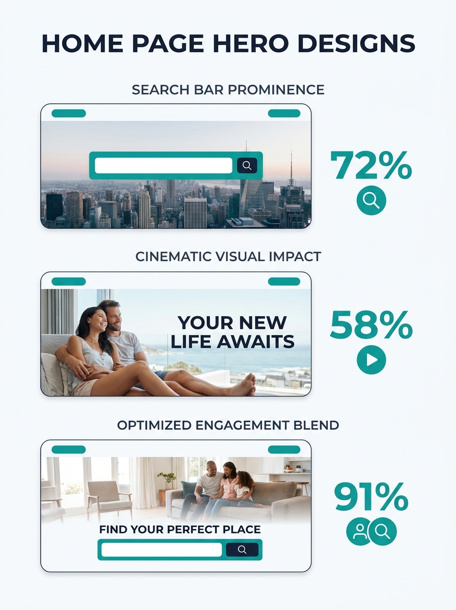 Side-by-side comparison of three real estate homepage hero sections—one with a prominent search bar over stock skyline photo, one with cinematic lifestyle imagery and brand tagline, and one blending b