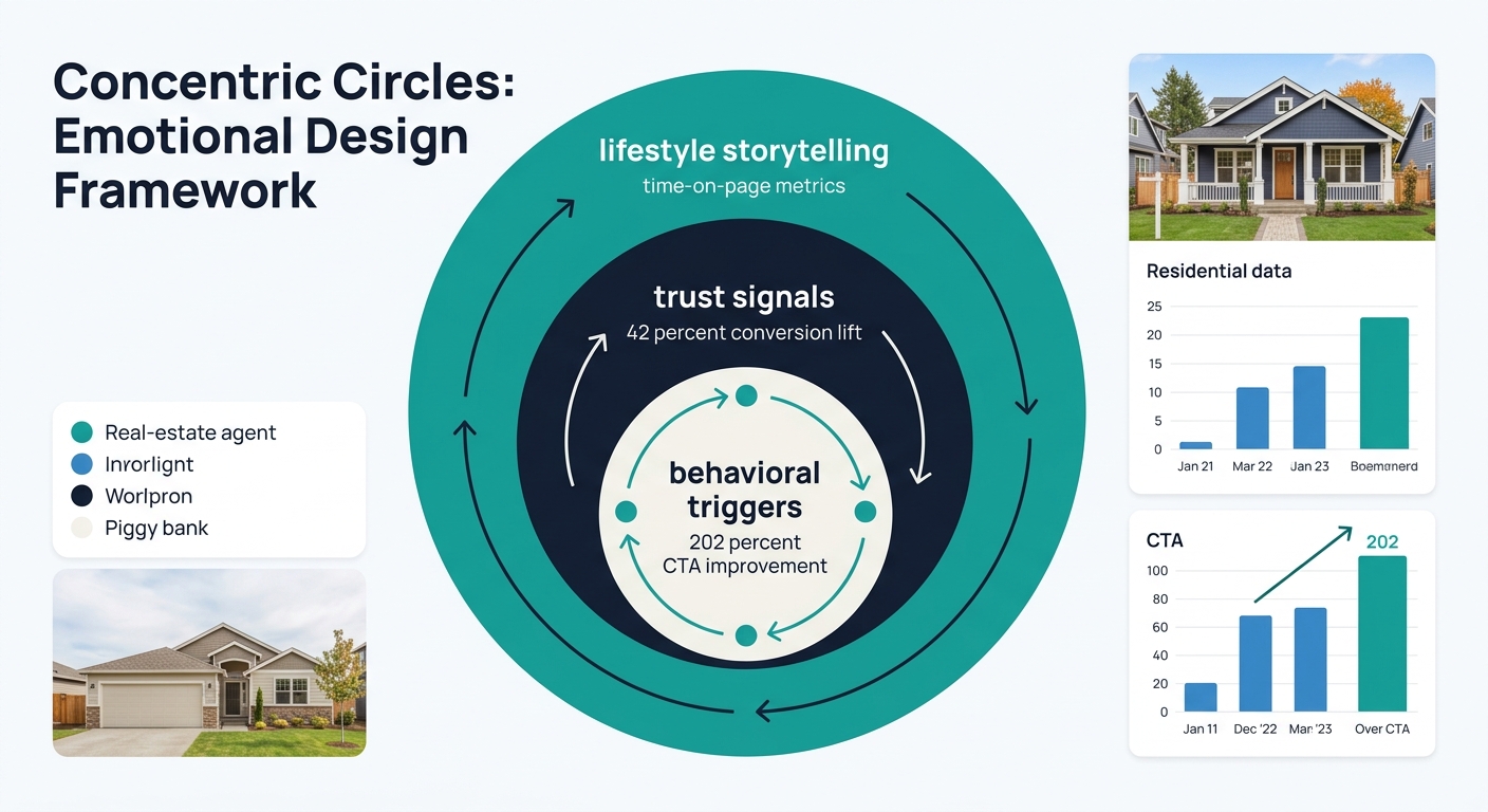 Infographic showing three concentric circles representing the three emotional design frameworks with lifestyle storytelling as the outer ring labeled with time-on-page metrics, trust signals as the mi