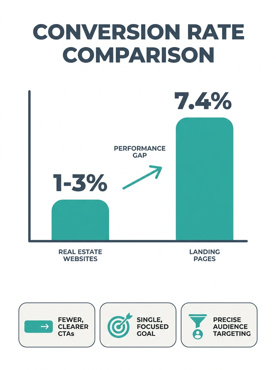 Infographic comparing real estate website conversion rates (1-3%) vs landing page conversion rates (7.4%), with a bar chart showing the performance gap and key factors that explain the difference, inc