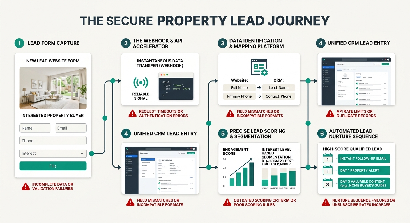 A diagram showing the journey of lead data from a real estate website form through webhook, data mapping, CRM entry, lead scoring, and automated nurture sequence, with red warning indicators at each p