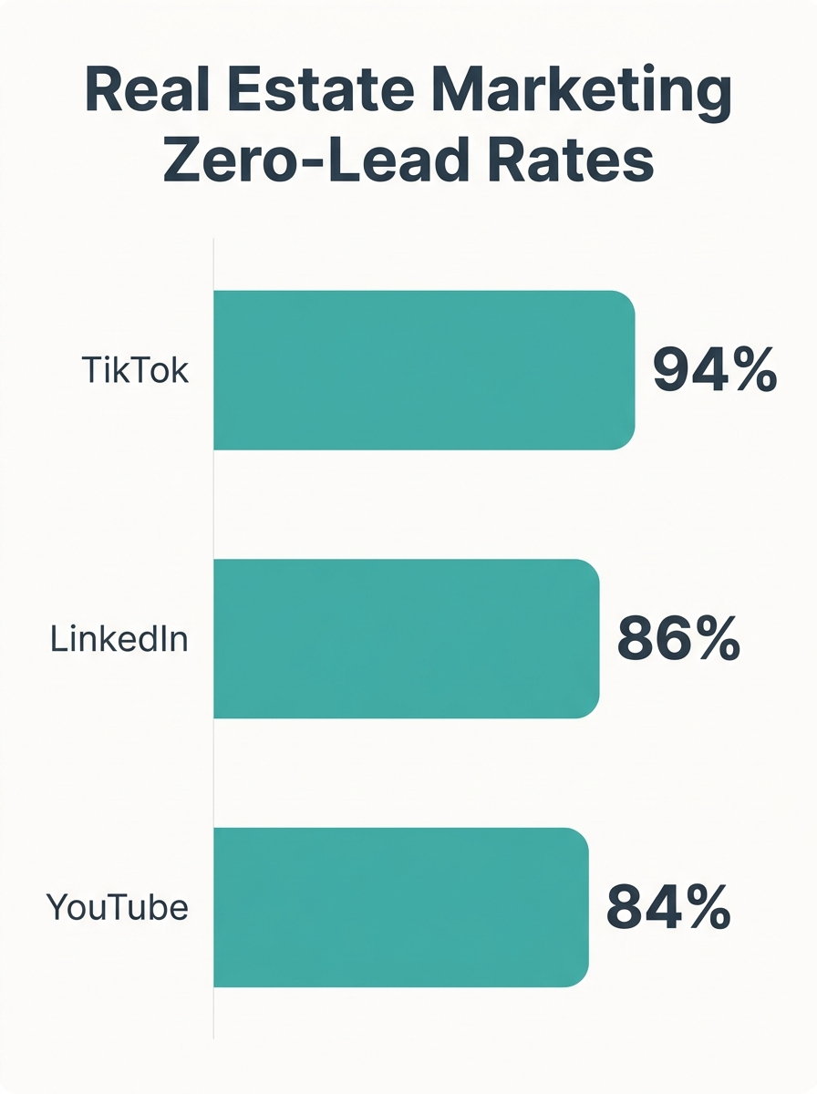 Bar chart showing zero-lead rates across real estate marketing channels with TikTok at 94%, LinkedIn at 86%, YouTube at 84%