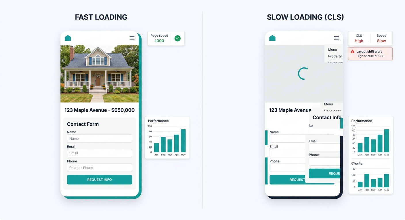 Side-by-side comparison of two real estate website mobile screenshots, one loading quickly with a clear property image and visible contact form, the other showing a half-loaded page with a spinning lo