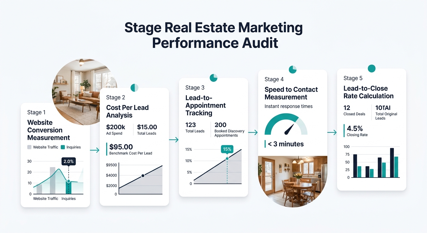 A flowchart diagram showing the five stages of a real estate marketing performance audit, starting with website conversion measurement, flowing through cost per lead analysis, lead-to-appointment trac