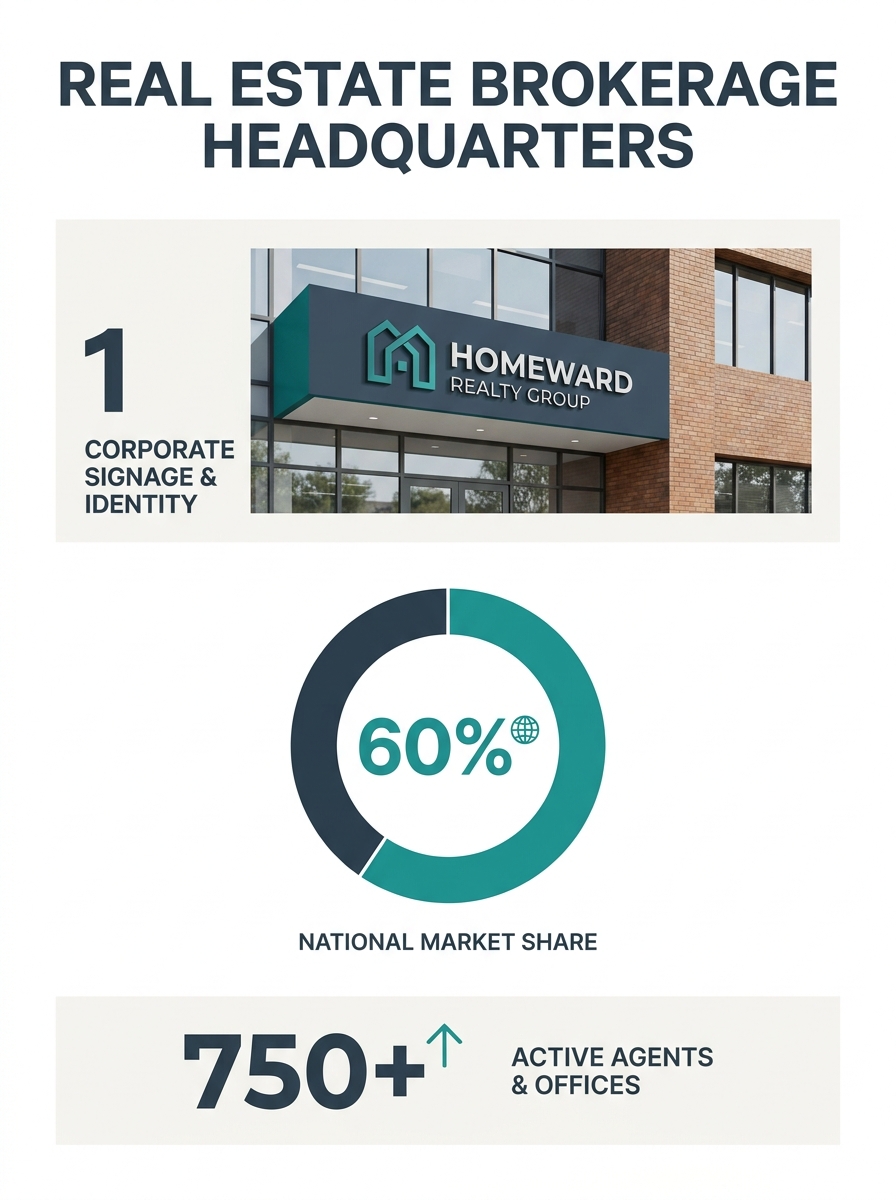 Real estate brokerage office headquarters with corporate signage