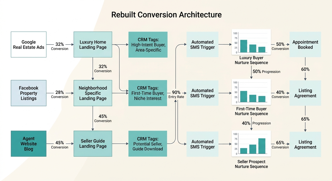 Flowchart showing the rebuilt conversion architecture with separate landing pages feeding into CRM tags, automated SMS triggers, and segmented nurture sequences, with conversion percentages at each st