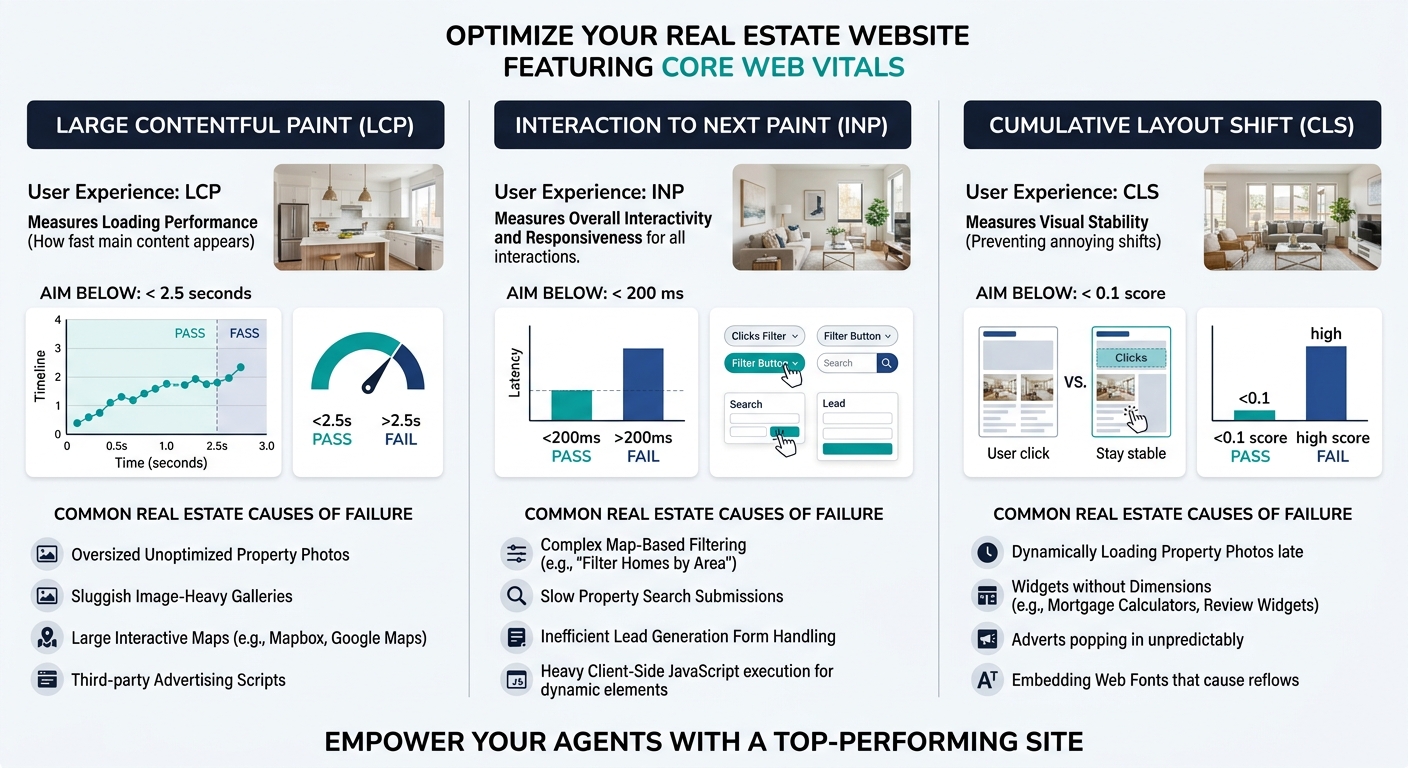 An infographic showing three Core Web Vitals metrics for real estate websites — LCP target under 2.5 seconds, INP target under 200ms, CLS target under 0.1 — with pass/fail thresholds and common causes