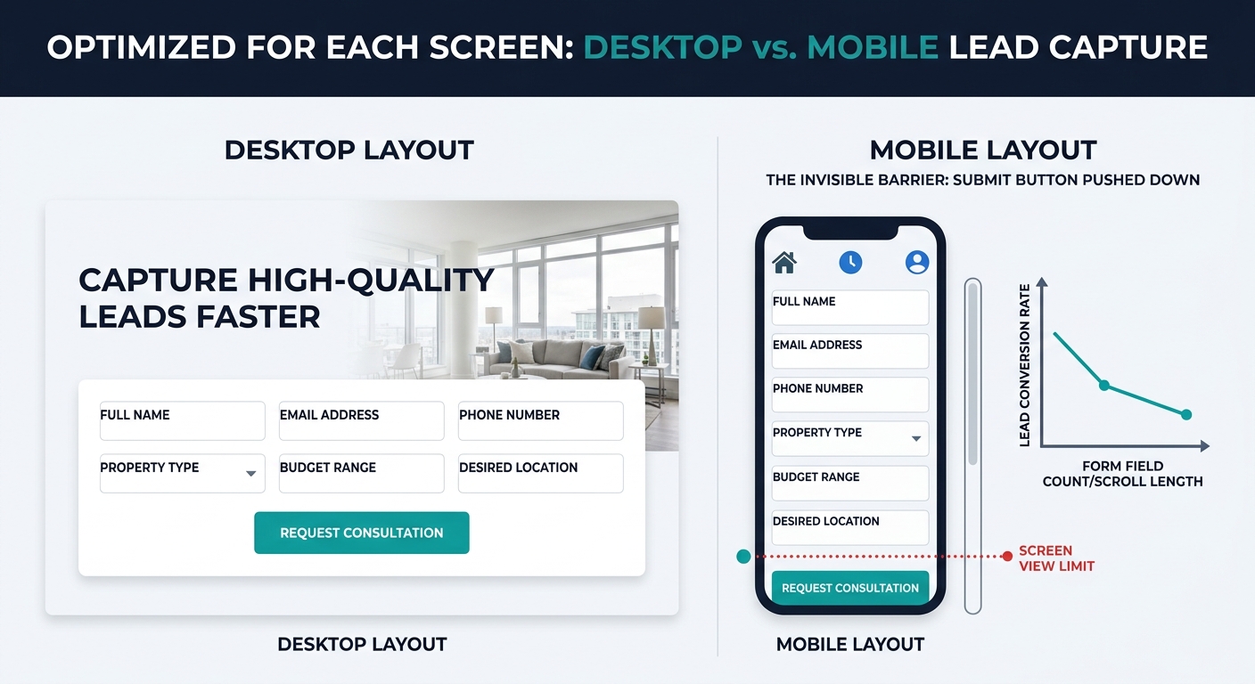 A side-by-side comparison of a real estate lead capture form on desktop (showing a wide 6-field layout with visible submit button) versus the same form on mobile (showing a long vertical scroll with t
