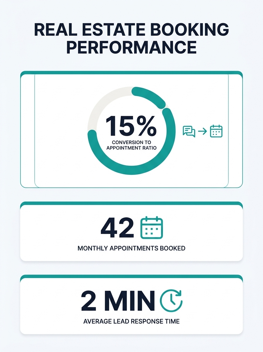 Real estate team leader reviewing agent productivity dashboard showing conversation-to-appointment ratios and booking metrics on computer screen