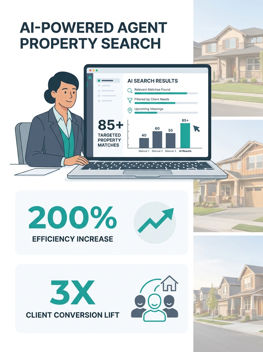 Real estate agent reviewing AI search results on laptop with property listings in background