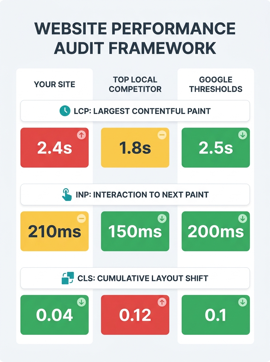 Infographic showing a three-column audit framework comparing "Your Site," "Top Local Competitor," and "Google Thresholds" across LCP, INP, and CLS metrics, with green, yellow, and red color coding for