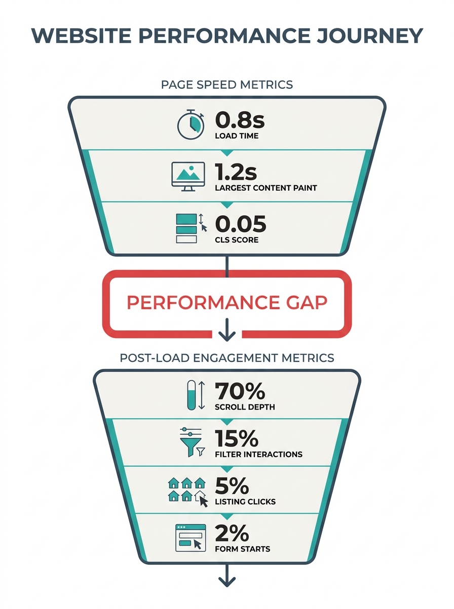 infographic showing two parallel funnels — one labeled "page speed metrics" tracking load time, LCP, and CLS, and another labeled "post-load engagement metrics" tracking scroll depth, filter interacti