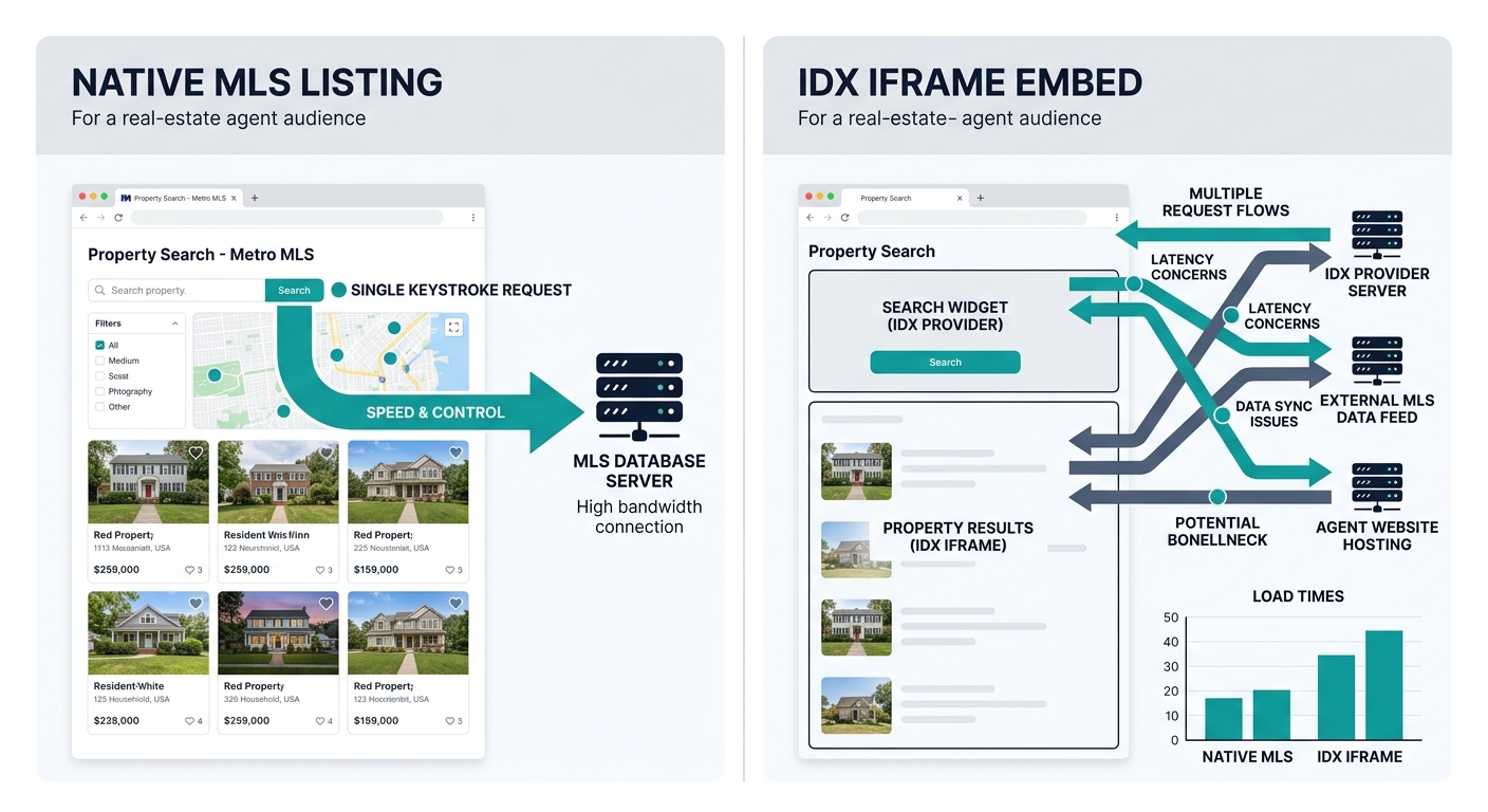 Side-by-side comparison diagram showing a native MLS listing page architecture with a single server request flow versus an IDX iframe page architecture with multiple server request flows and performan