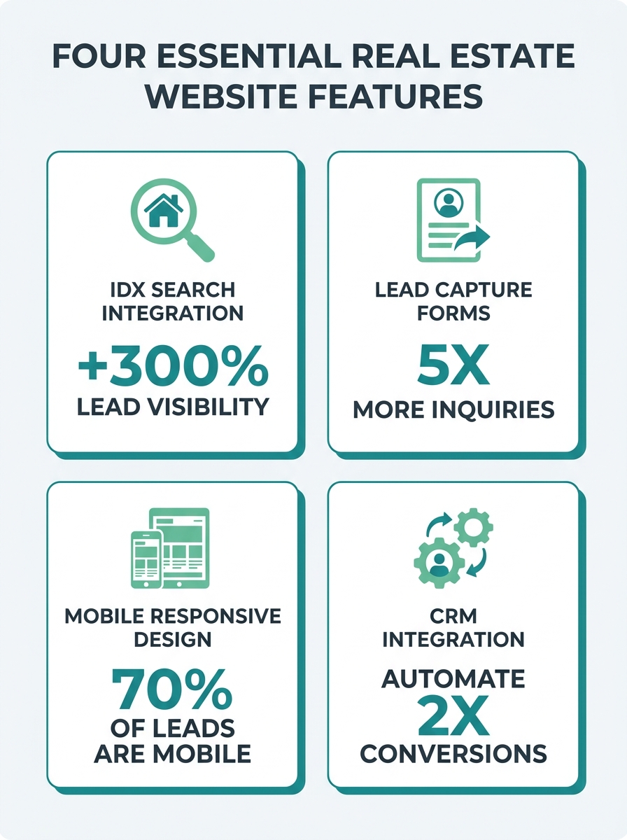 infographic showing four essential real estate website features arranged in a quadrant layout with icons: IDX search in top-left, lead capture forms in top-right, mobile responsive design in bottom-le