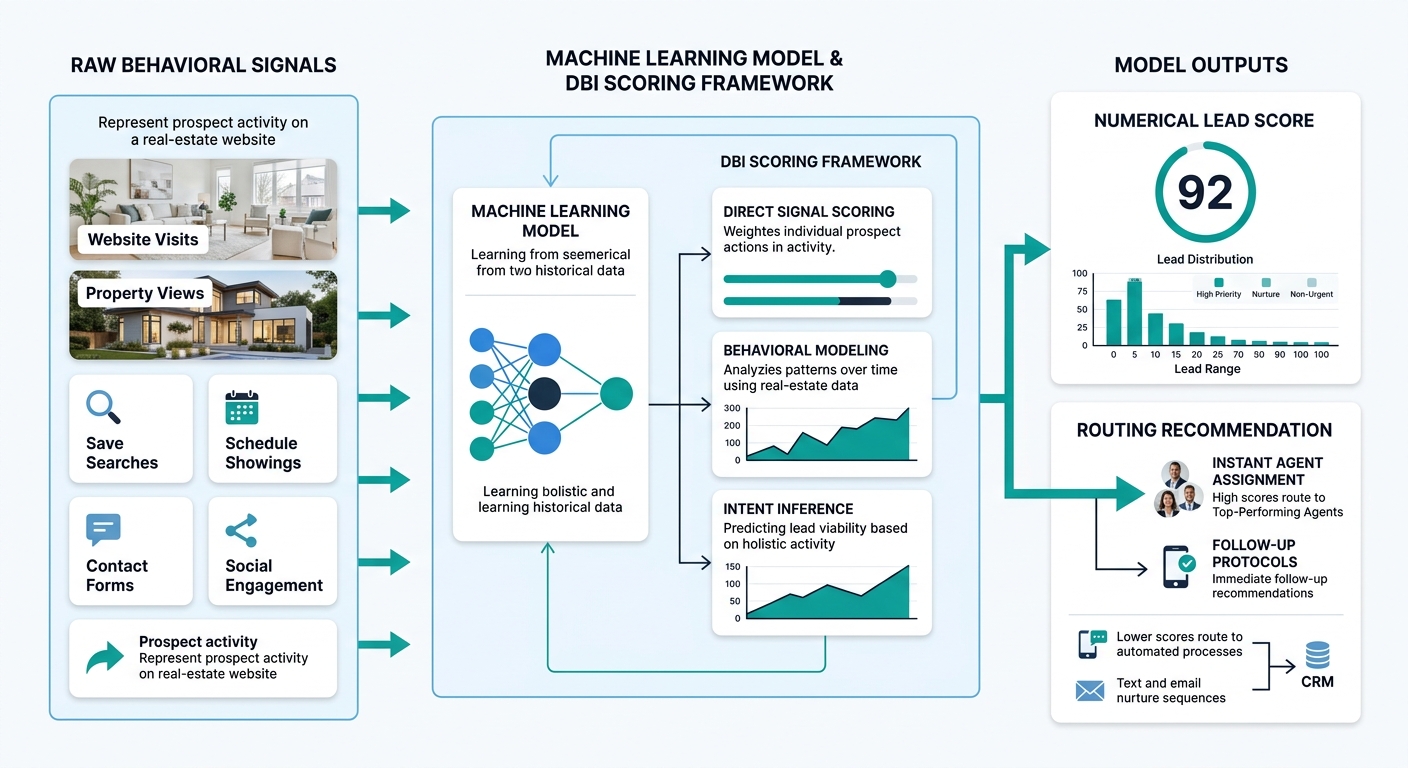 diagram showing how a machine learning model takes raw behavioral signals on one side, processes them through the DBI scoring framework in the middle, and outputs a numerical lead score with a routing