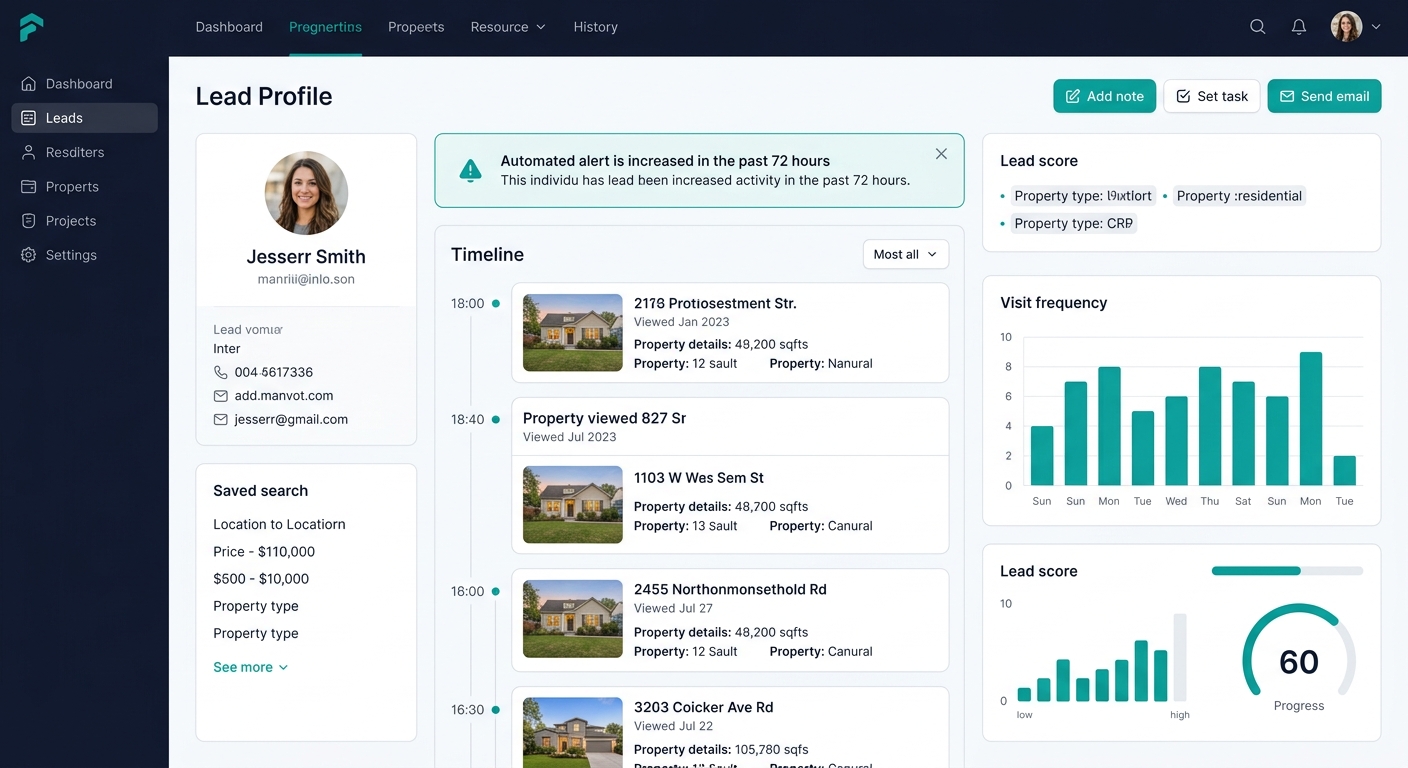 a CRM dashboard mockup showing a lead record with rich behavioral data—a timeline of property views, saved search criteria, visit frequency graph, lead score, and an automated alert flagging increased
