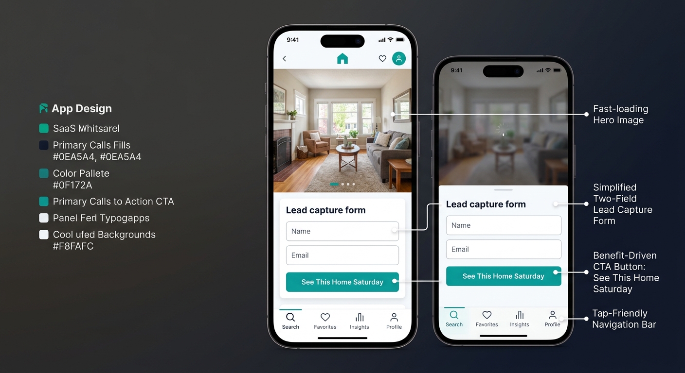 A smartphone displaying a real estate property page with annotations pointing to key mobile UX elements, fast-loading hero image, simplified two-field lead capture form, benefit-driven CTA button read