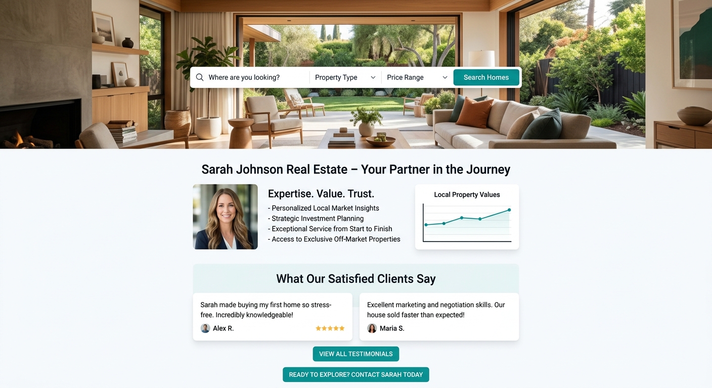 A mockup of a hybrid real estate homepage layout showing visual hierarchy with lifestyle hero image at top containing an embedded search bar, agent branding and value proposition below, and a testimon